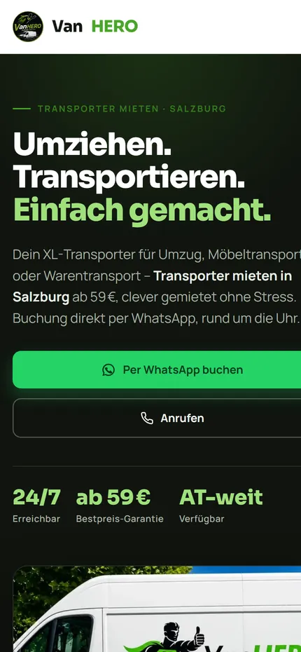 Website von VanHERO Salzburg am Handy